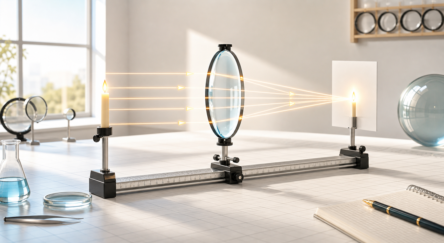 Geometric Optics & Lens Ray Tracing interactive Physics simulation illustration